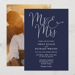 Elegantes Schriftzug Herr und Frau Foto Navy Blau  Einladung