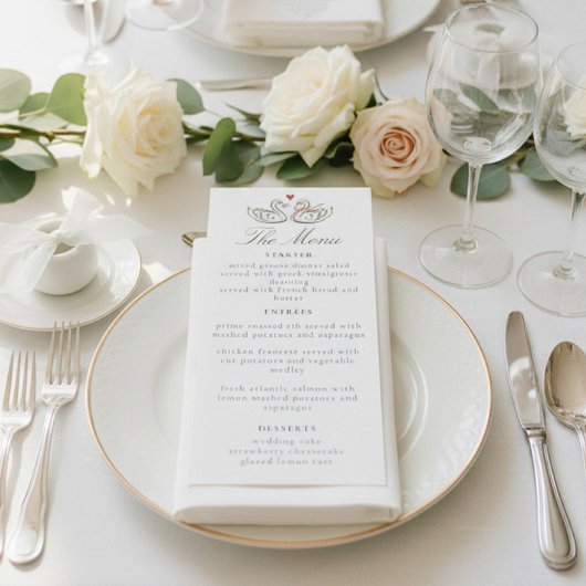 Elegantes Schwan-Romantik-Liebe-Script-Abendmenü Menükarte