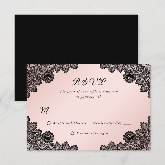 Elegantes Schwarz-Blütenblatt Hochzeit RSVP Karte (Vorne/Hinten)