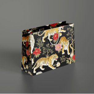 Elegantes Schwarz-Chinoiserie-Tiger- und Pfingstro Große Geschenktüte