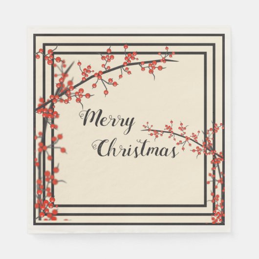 Elegantes Schwarz & Creme mit Roten Bereren Weihna Serviette (Vorderseite)