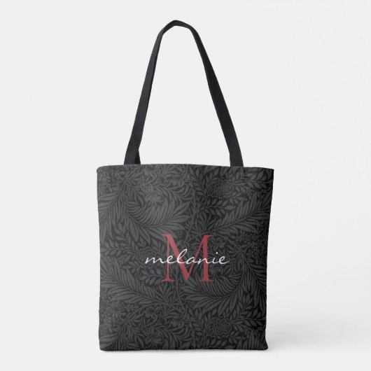 Elegantes Schwarz-Floral-Rotes Skript-Monogramm Tasche (Rückseite)