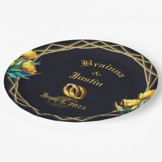 Elegantes schwarz-gelbes Tulpenpapier Pappteller (Schrägansicht)