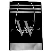 Elegantes, schwarz gestreiftes Monogramm-Skript Mittlere Geschenktüte (Vorderseite)