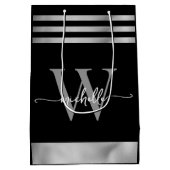 Elegantes, schwarz gestreiftes Monogramm-Skript Mittlere Geschenktüte (Rückseite)