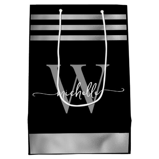 Elegantes, schwarz gestreiftes Monogramm-Skript Mittlere Geschenktüte (Rückseite)