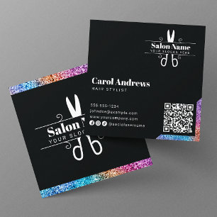 Elegantes Schwarz & Glitter-Friseur-QR-Code-Logo Quadratische Visitenkarte