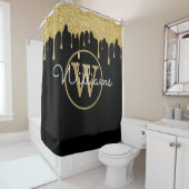 Elegantes Schwarz-Glitzer-Tropfen Monogramm-Skript Duschvorhang (Beispiel)