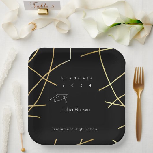 Elegantes Schwarz-Gold-Abschluss-Papier Pappteller (Hochzeit)