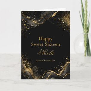 Elegantes Schwarz-Gold-Alkohol-Tinte Sweet Sixteen Karte