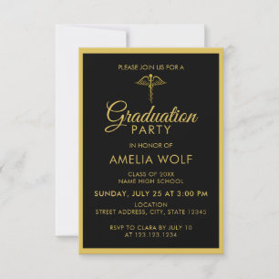 Elegantes Schwarz Gold Apotheker Abschlussfeier Einladung