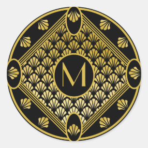 Elegantes Schwarz-Gold-Art-Deco-Fächer-Muster-Mono Runder Aufkleber