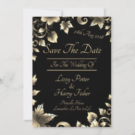 Elegantes Schwarz-Gold-Blumenspektrum Save the Dat Date