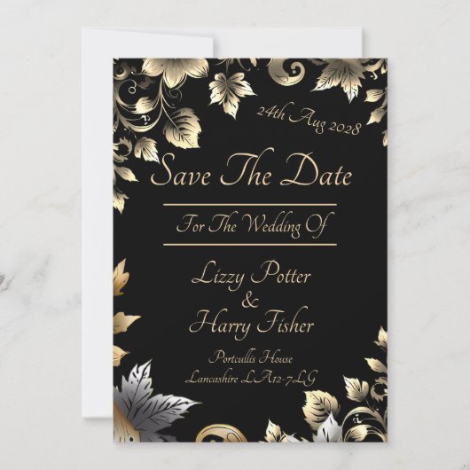 Elegantes Schwarz-Gold-Blumenspektrum Save The Date (Vorderseite)