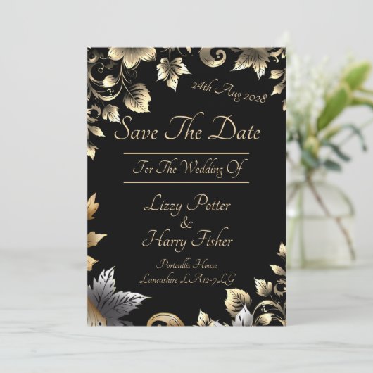 Elegantes Schwarz-Gold-Blumenspektrum Save The Date (Stehend Vorderseite)