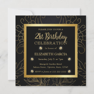 Elegantes Schwarz-Gold-Botanik-21.-Geburtstag Einladung
