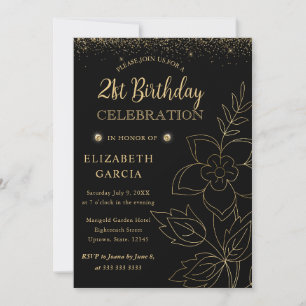 Elegantes Schwarz-Gold-Botanik-21.-Geburtstag Einladung