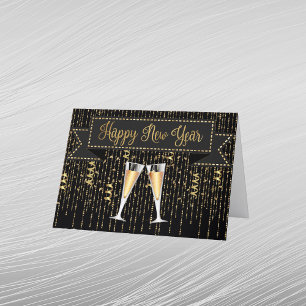 Elegantes Schwarz-Gold Champagner Neujahr Feiertagskarte