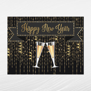 Elegantes Schwarz-Gold Champagner Neujahr Feiertagspostkarte