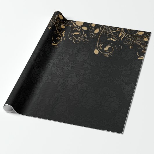 Elegantes Schwarz-Gold-Damaskus-Muster Geschenkpapier (Ungerollt)