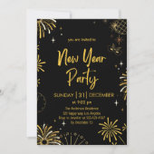 Elegantes Schwarz-Gold-Feuerwerk Silvester Einladung (Vorderseite)
