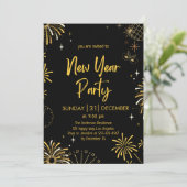 Elegantes Schwarz-Gold-Feuerwerk Silvester Einladung (Stehend Vorderseite)