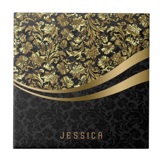 Elegantes Schwarz & Gold Floral Damask Muster Fliese (Vorderseite)