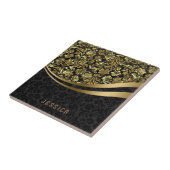 Elegantes Schwarz & Gold Floral Damask Muster Fliese (Seite)