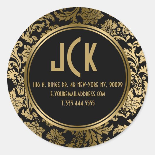 Elegantes Schwarz & Gold Floral Damaskus 2 Muster Runder Aufkleber (Vorderseite)