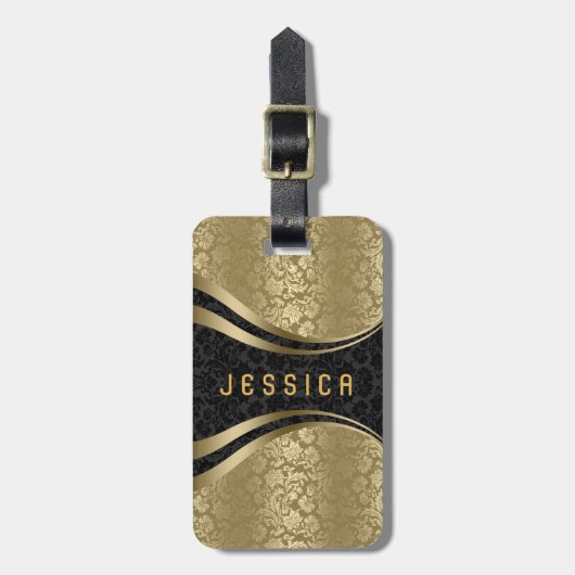 Elegantes Schwarz-Gold-Floral-Damaskus-Muster 2 Gepäckanhänger (Vorderseite vertikal)