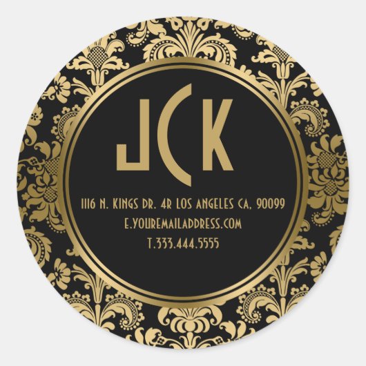 Elegantes Schwarz-Gold-Floral-Damaskus-Muster Runder Aufkleber (Vorderseite)