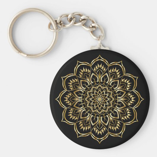Elegantes Schwarz-Gold-Floral Mandala Muster Schlüsselanhänger (Vorne)