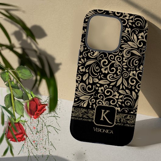Elegantes Schwarz & Gold Floral Monogramm Case-Mate iPhone Hülle