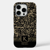 Elegantes Schwarz & Gold Floral Monogramm Case-Mate iPhone Hülle (Rückseite)