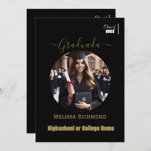Elegantes Schwarz-Gold Foto Spanisch Graduiert Ankündigung (Vorne/Hinten)
