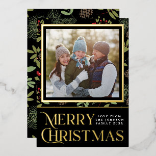 Elegantes Schwarz & Gold Frohe Weihnachten Stechpa Folien Feiertagskarte