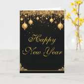 Elegantes Schwarz & Gold Frohes Neujahr Karte (Gelbe Blume)