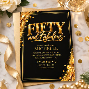 Elegantes Schwarz-Gold Fünfzig Fabulous 50. Geburt Einladung