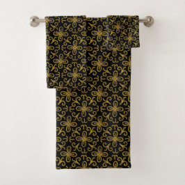 Elegantes Schwarz-Gold-gepunktetes Blume-Fliesenmu Badhandtuch Set