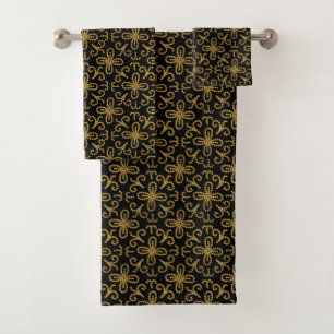 Elegantes Schwarz-Gold-gepunktetes Blume-Fliesenmu Badhandtuch Set