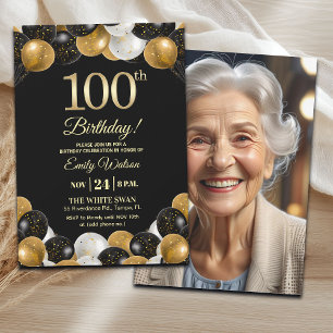 Elegantes Schwarz-Gold-Glitter 100. Geburtstagsfot Einladung