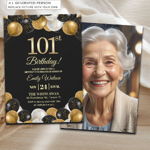 Elegantes Schwarz-Gold-Glitter 101. Geburtstagsfot Einladung