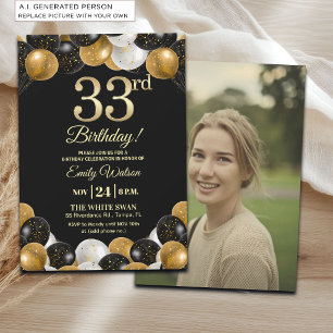 Elegantes Schwarz-Gold-Glitter 33. Geburtstagsfoto Einladung