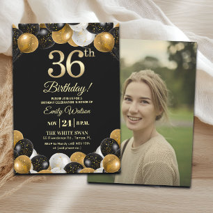 Elegantes Schwarz-Gold-Glitter 36. Geburtstagsfoto Einladung