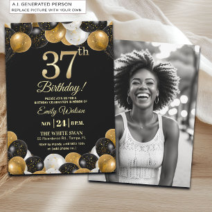 Elegantes Schwarz-Gold-Glitter 37. Geburtstagsfoto Einladung
