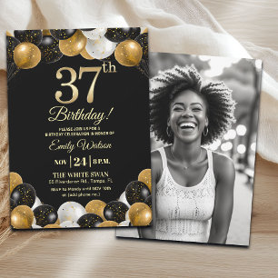 Elegantes Schwarz-Gold-Glitter 37. Geburtstagsfoto Einladung