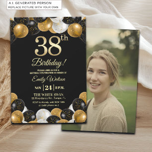 Elegantes Schwarz-Gold-Glitter 38. Geburtstagsfoto Einladung