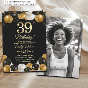 Elegantes Schwarz-Gold-Glitter 39. Geburtstagsfoto Einladung