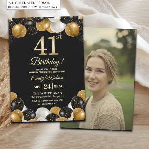 Elegantes Schwarz-Gold-Glitter 41. Geburtstagsfoto Einladung