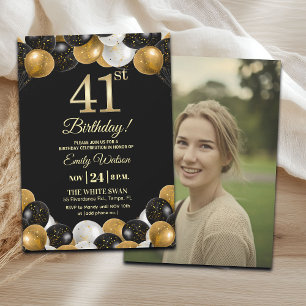 Elegantes Schwarz-Gold-Glitter 41. Geburtstagsfoto Einladung